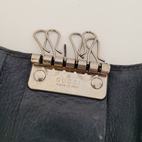 Gucci Logo Key Holder Wallet Case Leather Small Unisex Black Trifold Striped - Picture 6 of 12